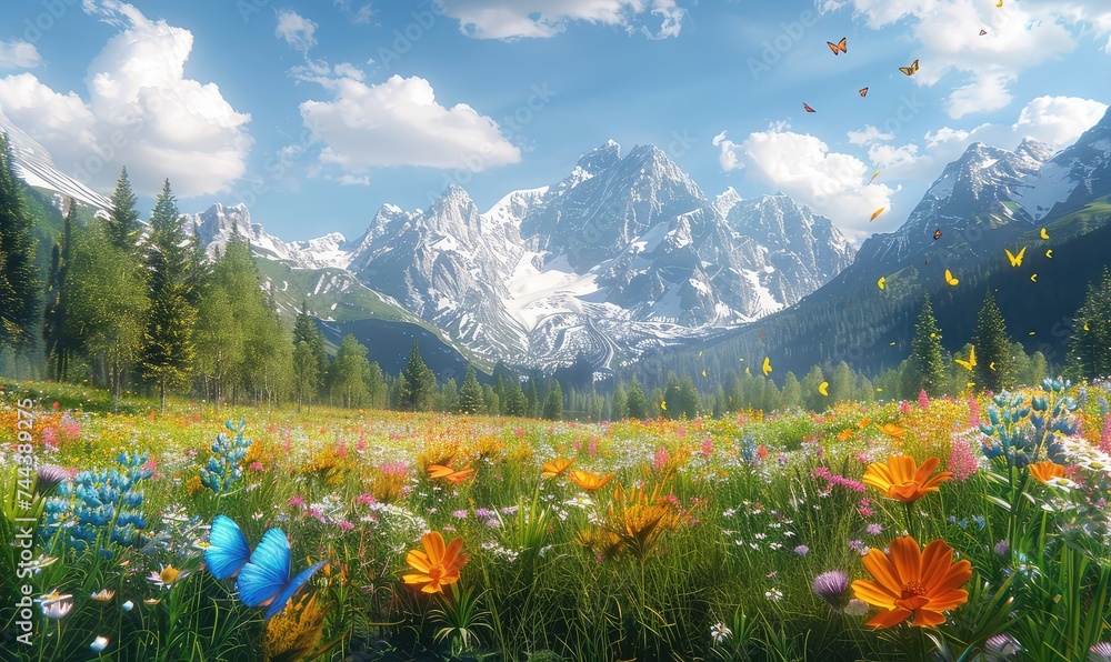 sun drenched alpine meadow, where wildflowers bloom in abundance and butterflies through the air. Snow-capped peaks loom in the distance, creating a scene of tranquil beauty - obrazy, fototapety, plakaty 