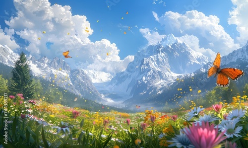 sun drenched alpine meadow, where wildflowers bloom in abundance and butterflies through the air. Snow-capped peaks loom in the distance, creating a scene of tranquil beauty
