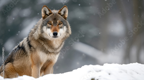 Grey Wolf Setting on Snow in the Woods at Winter, Wild Canine Animal in Natural Habitat, Wildlife Photography, Winter Forest Scene, North American Wildlife, Generative AI   © Dzynee