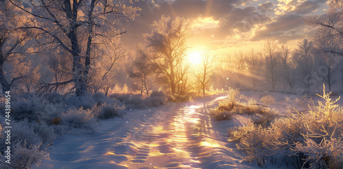 winter sunrise Golden rays break through the frost