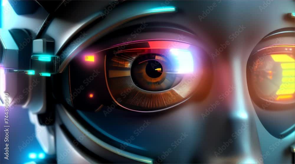 Close-up of a beautiful futuristic cyborg's green eye with striking blue iris and long eyelashes, portraying the beauty and wonder of vision Close-up of a beautiful futuristic cyborg's green eye with striking blue iris and long eyelashes, portraying the beauty and wonder of vision