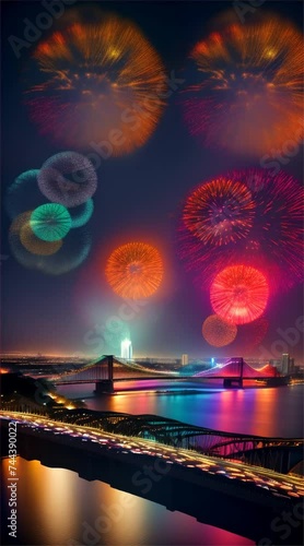 Spectacular fireworks at night in a city filled with people driving around in the city.