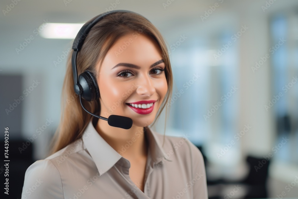In a moment of warmth, a Scandinavian customer service representative with a headset beams with a welcoming and professional smile. In a moment of warmth, a Scandinavian customer service representative with a headset beams with a welcoming and professional smile.