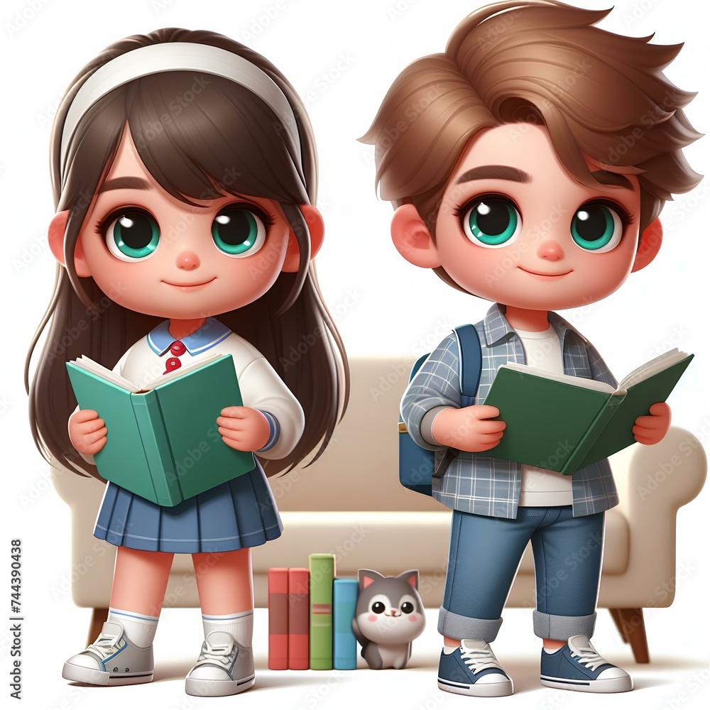 children reading a book, isolated on white background children reading a book, isolated on white background