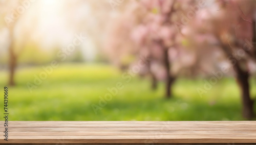 Empty table background with spring time blurred background.