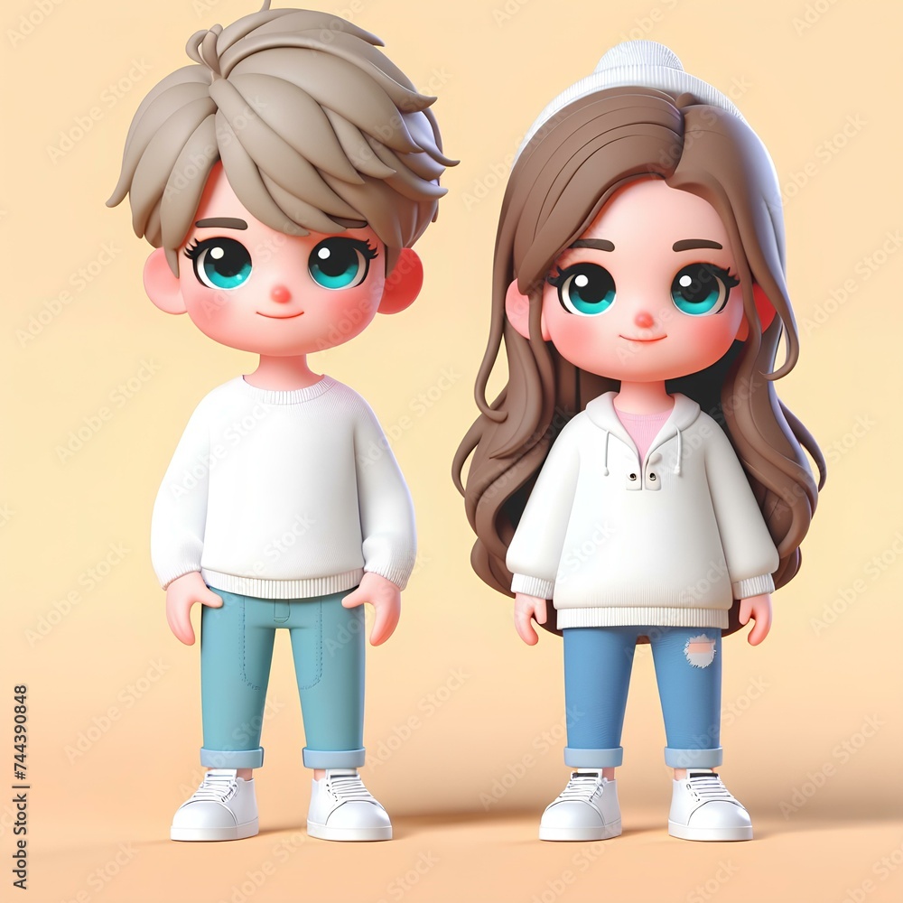 A couple of cartoon characters are standing next to each other. The girl is wearing a white hoodie and jeans, while the boy is wearing a white shirt and jeans. The scene is bright and cheerful A couple of cartoon characters are standing next to each other. The girl is wearing a white hoodie and jeans, while the boy is wearing a white shirt and jeans. The scene is bright and cheerful