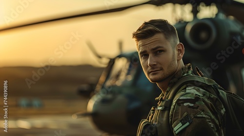Confident soldier standing in front of a military helicopter at sunset. portrait of military personnel ready for deployment. AI