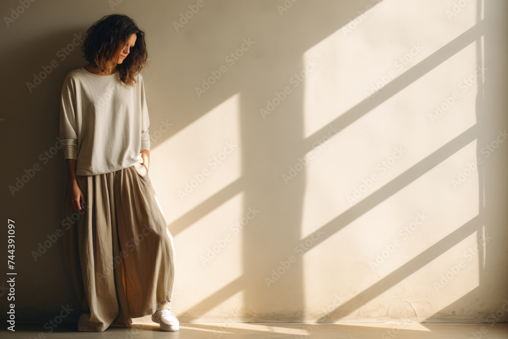 Serene Woman in Sunlit Room with Dramatic Shadows and Warm Tones
