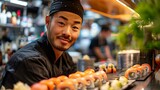 Smiling sushi chef presents fresh rolls at a sushi bar. culinary art in casual style. asian cuisine expert at work. professional in modern restaurant. AI