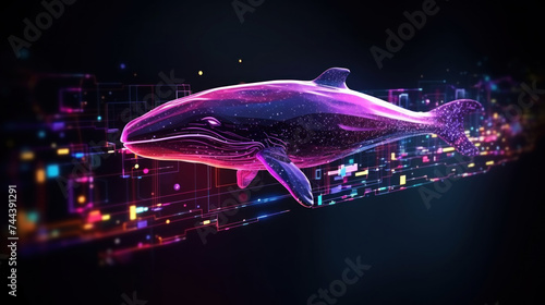 Big data visualization. Flight of a digital whale in neon colors. Information aesthetic design. Generative AI