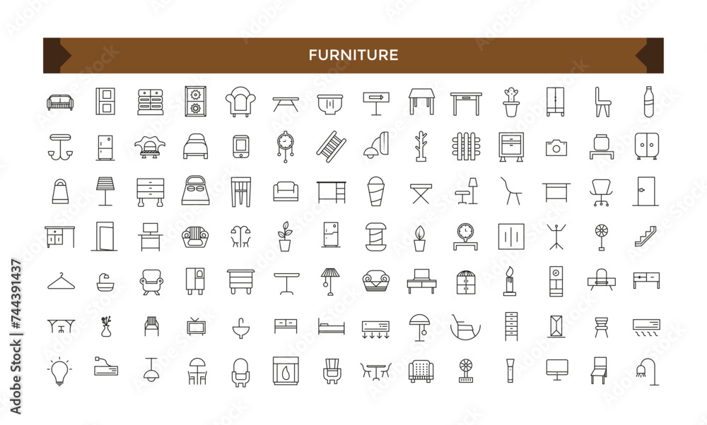 Furniture flat line icons set. House modern interior indoor and outdoor furniture icons set. Furniture flat line icons set. House modern interior indoor and outdoor furniture icons set.