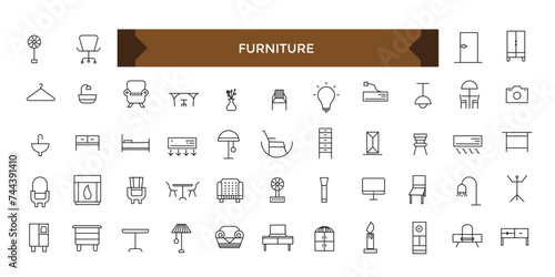 Furniture flat line icons set. House modern interior indoor and outdoor furniture icons set.