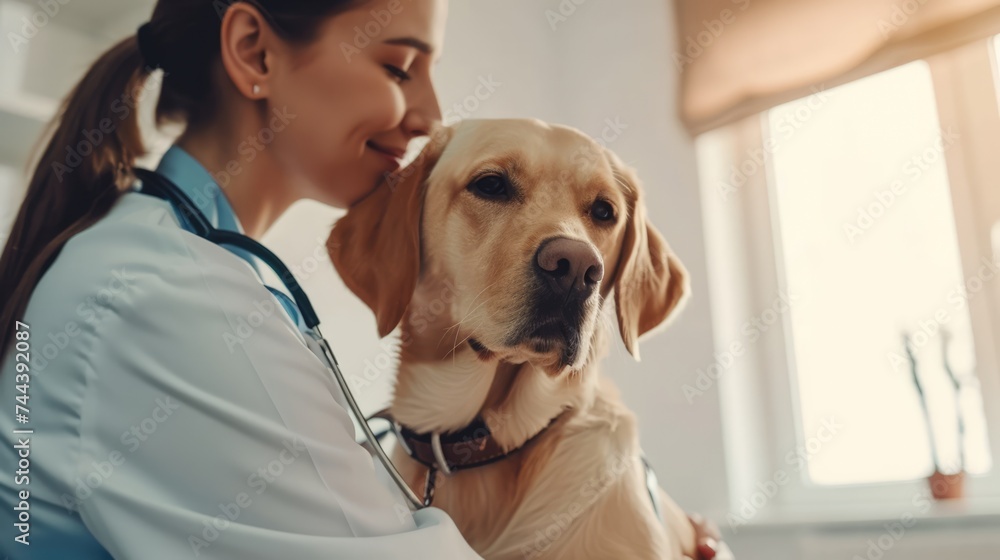 A snapshot of a woman in the throes of her veterinary practice, engrossed in the examination of a golden retriever.