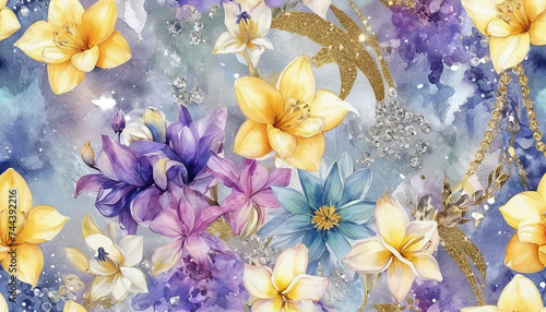  Flowers in the style of a lot of mixed watercolor art luxurious with some shiny brilliant metallic wallpaper pattern with glitter balls   diamonds and jewelry