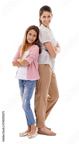 Happy, fashion and portrait of mother and child on white background for care, love and relationship. Family, smile and isolated mom with girl in casual style for bonding, support and proud in studio