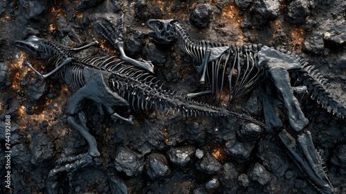 A satellite view of a coal mine surrounded by the tered bones of dinosaurs depicting the harsh reality of fossil fuel extraction on the remains of prehistoric creatures.