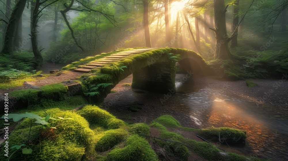 Obraz premium Moss covered wooden bridge path in a tranquil forest