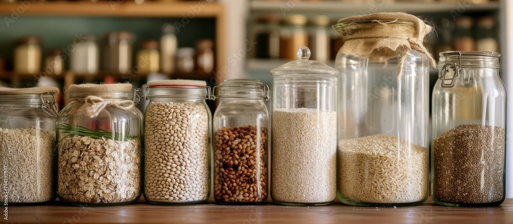 Assorted grains and cereals in glass jars on wooden shelf in pantry Assorted grains and cereals in glass jars on wooden shelf in pantry