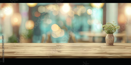 empty wooden table with blurred background in restaurant, 