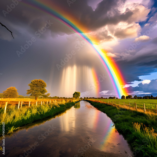 Imagine the sky after a storm, dark clouds parting to reveal a magnificent rainbow stretching gracefully across the horizon.