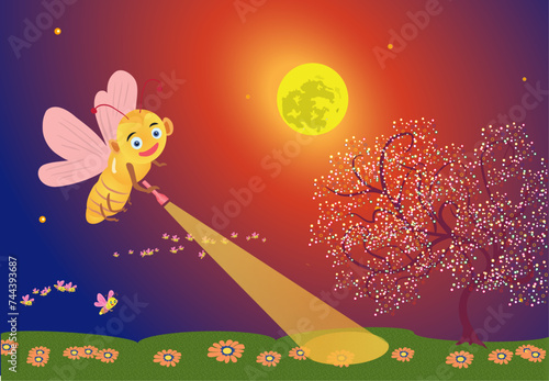 Magical summer night with fireflies and the miraculous lights of the moon. Vector illustration.