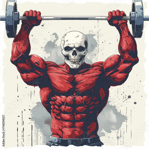 Muscle Skull man bodybuilder holding a large barbell with big weights
