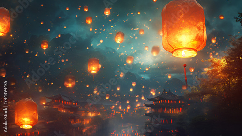 Flying Chinese Lanterns  Lanterns isolated on transparent background. Diwali festival floating lamps. Vector Indian paper flying lights with flame at night sky. Generative Ai