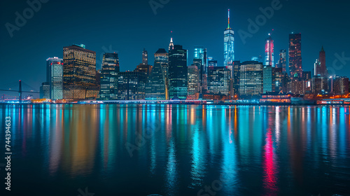 Manhattan at Night, New York City Skyline Illuminated, Urban Nightlife in NYC, Skyscrapers Lights Reflection on River, Cityscape Landscape, Generative AI