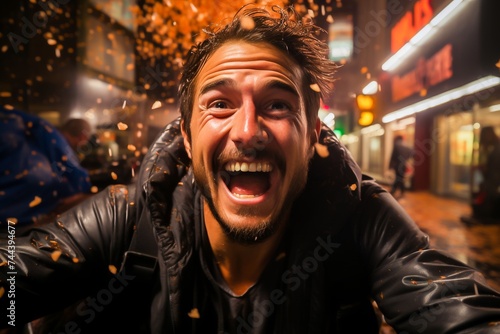 Ecstatic young man with a bright smile enjoying a confetti celebration at night in the city street.