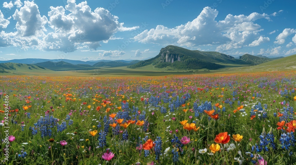 spring landscape panorama with flowering flowers on meadow colorful panoramic landscape with many wild flowers of daisies against blue sky.