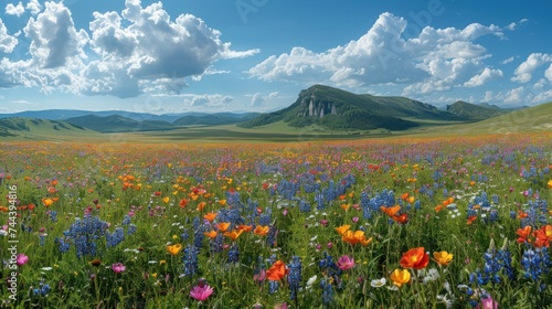 spring landscape panorama with flowering flowers on meadow colorful panoramic landscape with many wild flowers of daisies against blue sky.