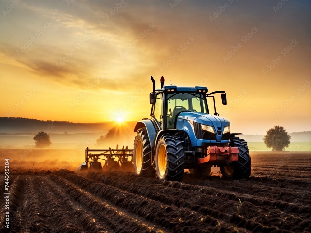 A modern tractor plows a field at dawn. Agricultural machinery in the field A modern tractor plows a field at dawn. Agricultural machinery in the field