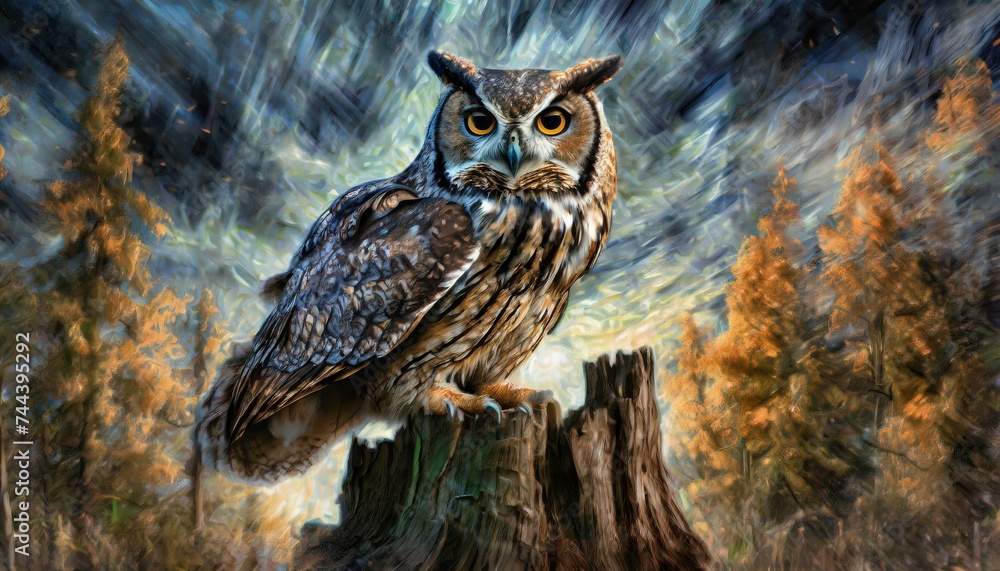 Obraz premium Wisconsin Wilderness Whimsy: Ethereal Owl Resting Amidst Fractal Motion Blur