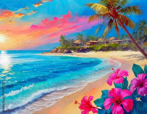 Sunset Serenity: Cerulean Blue and Hibiscus Pink Dance Across a Coastal Haven"