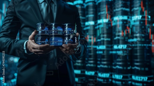 Businessman holding a group of barrels of oil with graphs of the stock market as a concept of raw material. © chanidapa