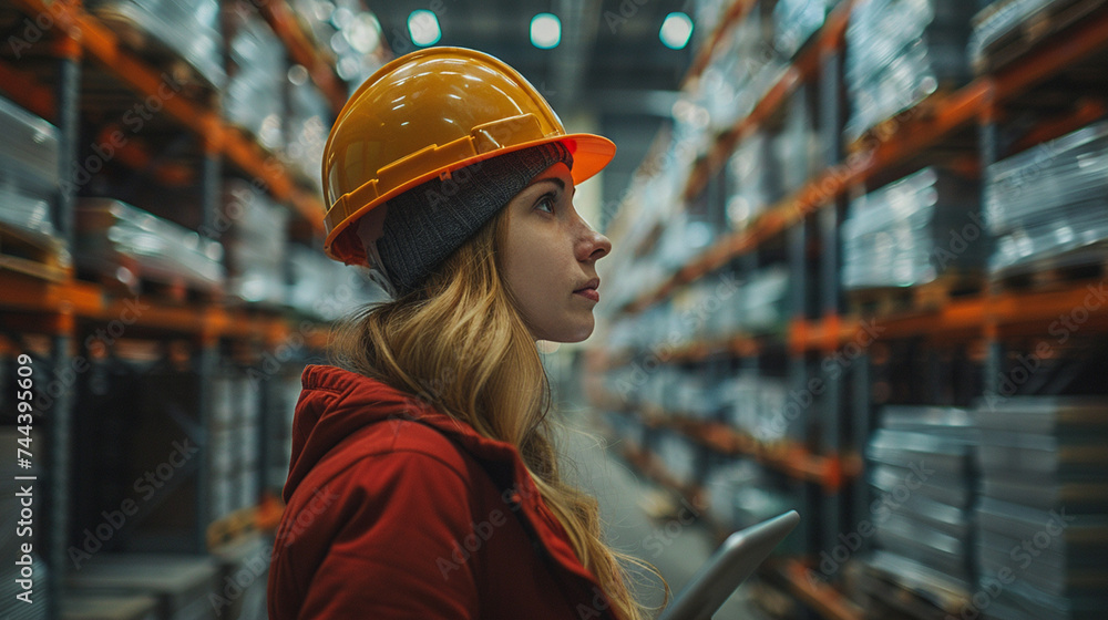Professional Female Worker checking warehouse