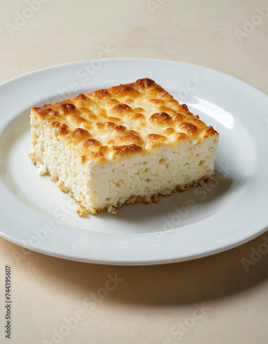 piece of cottage cheese casserole on a plate, completely white background