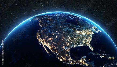 America at night viewed from space with city lights showing activity in United States. 3d render of planet Earth. Elements from NASA. Technology, global communication, world. USA