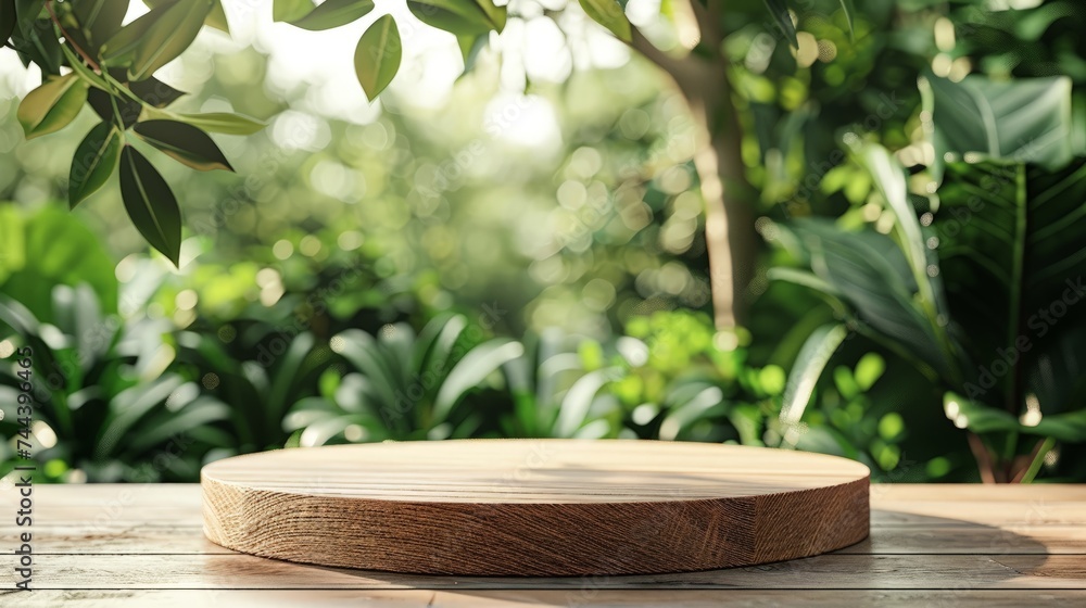 Wooden product display podium with blurred nature leaves background. rendering Wooden product display podium with blurred nature leaves background. rendering