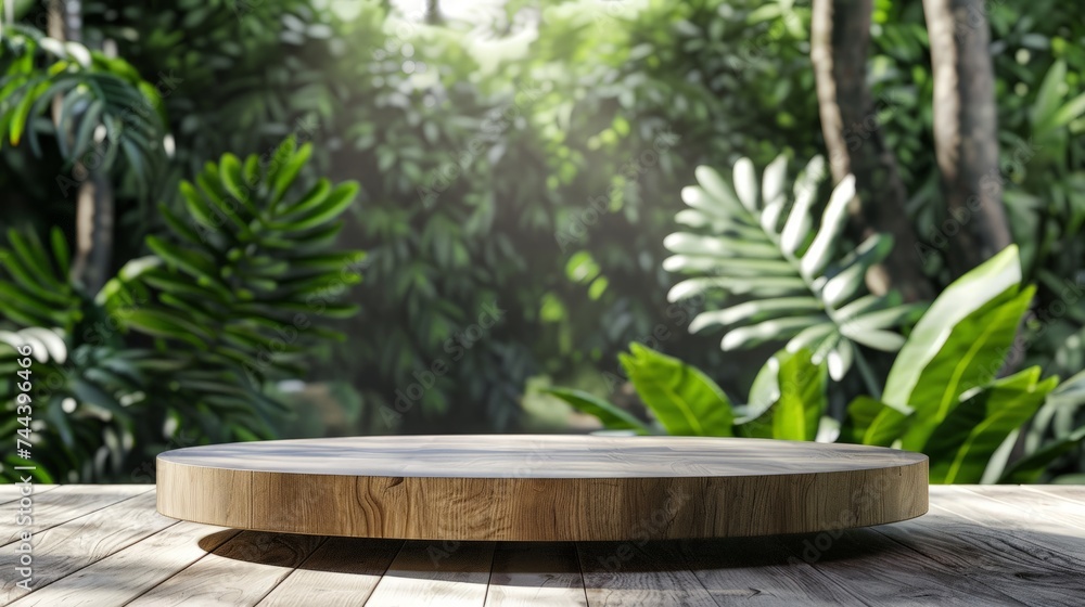 Wooden product display podium with blurred nature leaves background. rendering Wooden product display podium with blurred nature leaves background. rendering