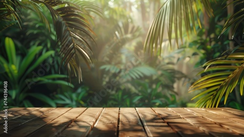Wood tabletop podium floor in outdoors tropical garden forest blurred green palm leaf plant nature background.Natural product placement pedestal stand display jungle paradise concept.