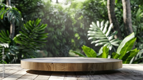 Wooden product display podium with blurred nature leaves background. rendering