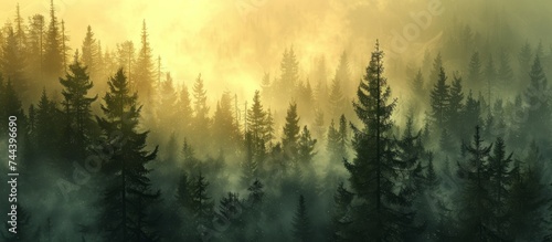 Majestic forest with tall trees surrounded by dense fog in the morning