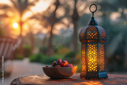 Ramadan Kareem table setting with dates, traditional food, and lanterns