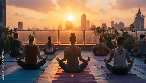 a group of people doing yoga on a rooftop