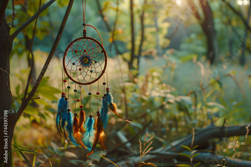 Indian lucky charm dream catcher hanging in the forest and blur background