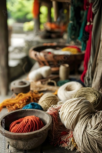 a bowl full of yarn sitting on top of a wooden table © KWY