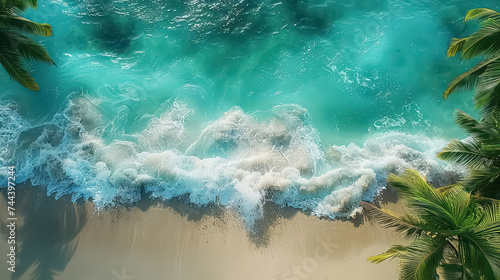 A serene beach scene with palm trees swaying gently in the breeze