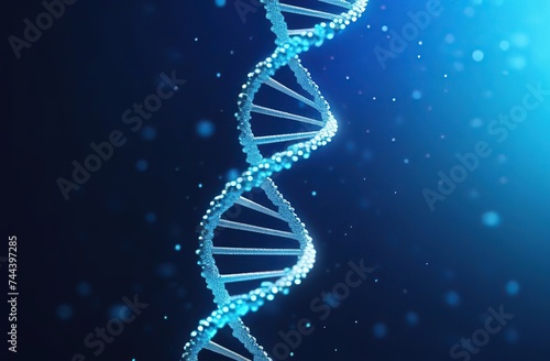 Polygonal DNA concept, digital sequence, code structure with glow on blue background. Nanotechnology science concept and background.
