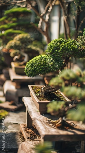 a bonsai tree in a pot on a wooden bench